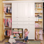 Baby Closet in White with Decorative Doors and Chrome Baskets